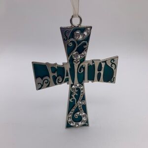 Vintage Jeweled Turquoise Enamel & Silver Metal 6” Hanging Cross “FAITH”